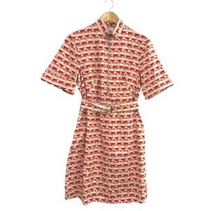 Akris Punto Dress Size 8 Cotton Belted Pockets Mod Retro Bird Circle Dot NWOT